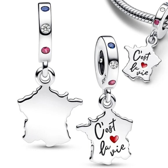 💜 Sterling Silver Map of France C’est La Vie Dangle Charm - Picture 1 of 4